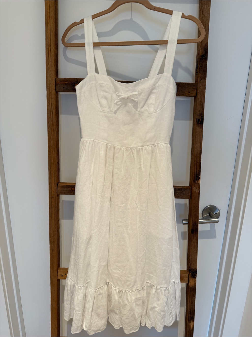 Reformation White Linen Midi Dress With Ruffle Hem